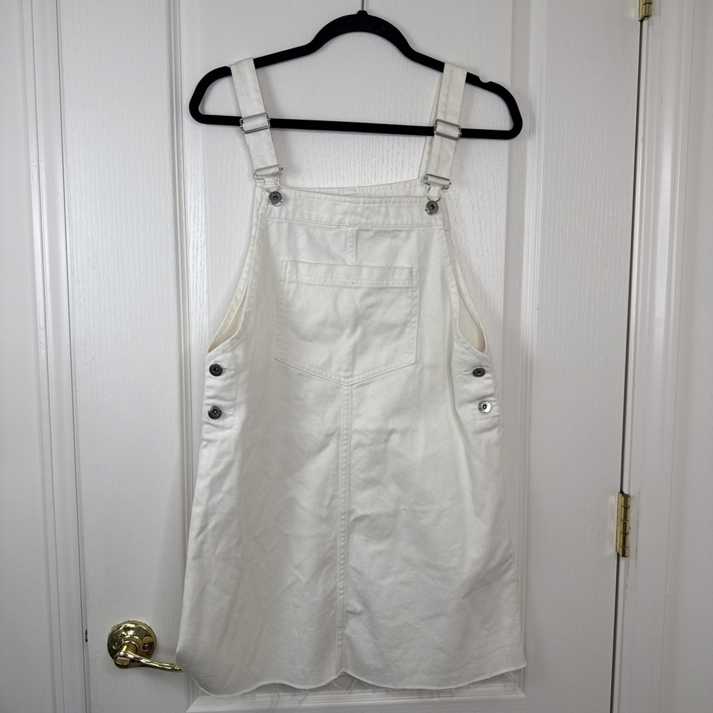 NWT H&M Divided Womens White Denim Overall Dress Size 8 Raw Hem Pinafore Jumper